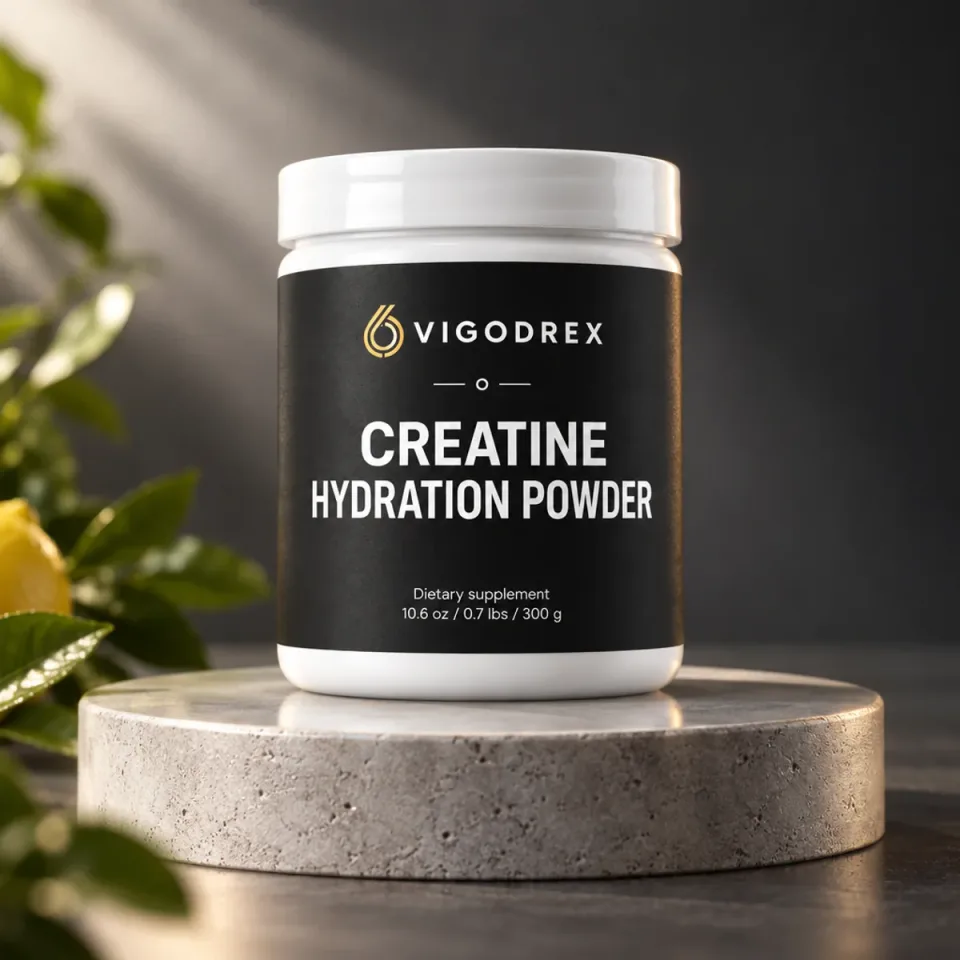 Vigodrex Creatine Hydration Powder on a studio plinth