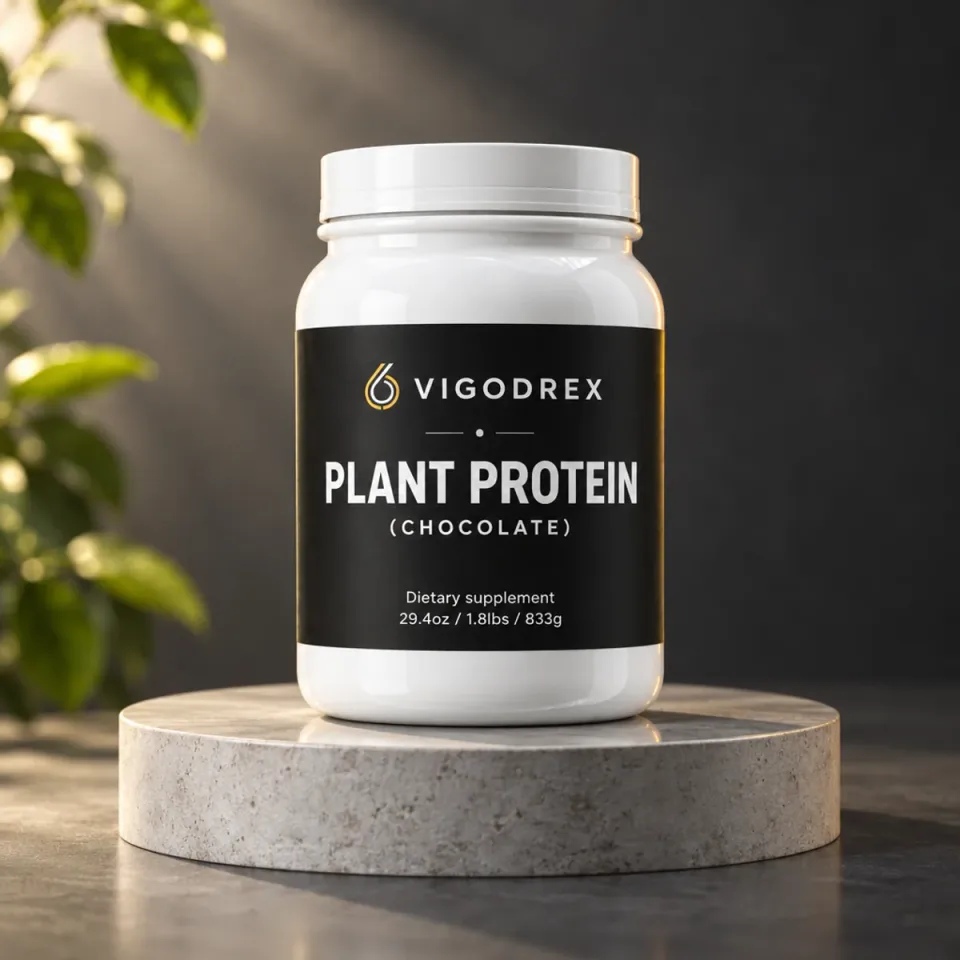 Vigodrex Plant Protein (Chocolate) on a studio plinth
