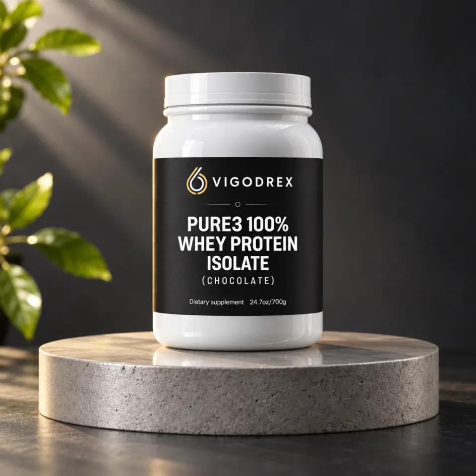 Vigodrex Pure3 100% Whey Protein Isolate (Chocolate) on a studio plinth